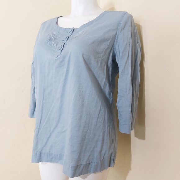 Eddie Bauer Sky Blue Floral Embroidered 3/4 Sleeve Lightweight Blouse XL - Picture 2 of 12